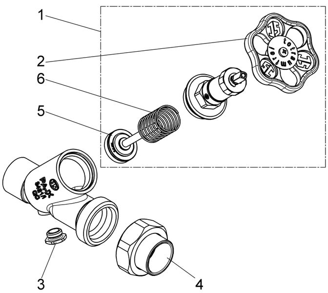 Explosionszeichnung eines Ventils mit Handrad, Ventiloberteil, Feder und Gehäuse.