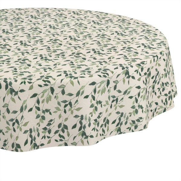 Runde Tischdecke mit Blattmuster aus Textil.