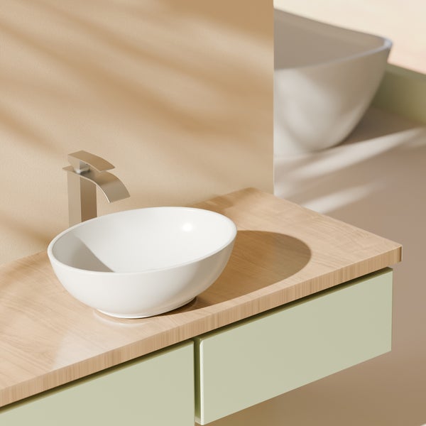 EMKE Keramik Waschbecken 35×27 cm, Ovales Aufsatzwaschbecken ohne Hahnloch, Glänzend Weiß, Höhe: 11 cm, Pflegeleicht, Antibakteriell, Feuchtigkeitsresistent