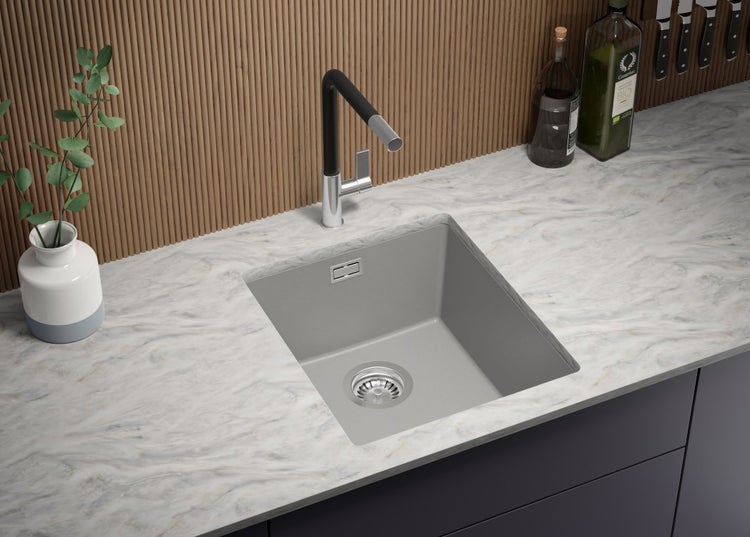PRIMAGRAN Unterbauspüle Granit Grau 41x47cm, Spülbecken 1 Becken + Ablauf-Set, Granitspüle ab 45er Unterschrank - London