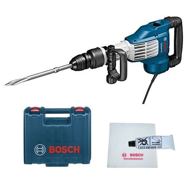 Bosch Professional Abbruchhammer mit Spitzmeißel, Transportkoffer, Reinigungstuch und Fetttube.