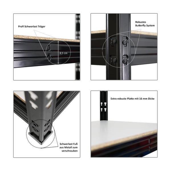PROREGAL Profi Schwerlastregal Rhino HxBxT 180 x 200 x 60 cm 4 Melamin-Ebenen 16mm Fachlast 500 kg Schwarz