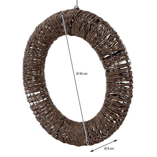 Dekorativer Kranz aus Weidengeflecht mit einem Außendurchmesser von 50 Zentimetern und einem Kranzdurchmesser von 8 Zentimetern.