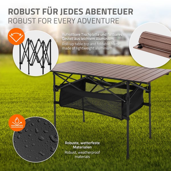 Hauki Campingtisch faltbar Braun, 118 x 55 x 64,5 cm, Aluminium Klapptisch, Aufrollbare Tischplatte, Falttisch klappbar, Gartentisch Balkontisch Reisetisch Rolltisch Markttisch inkl. Tragetasche