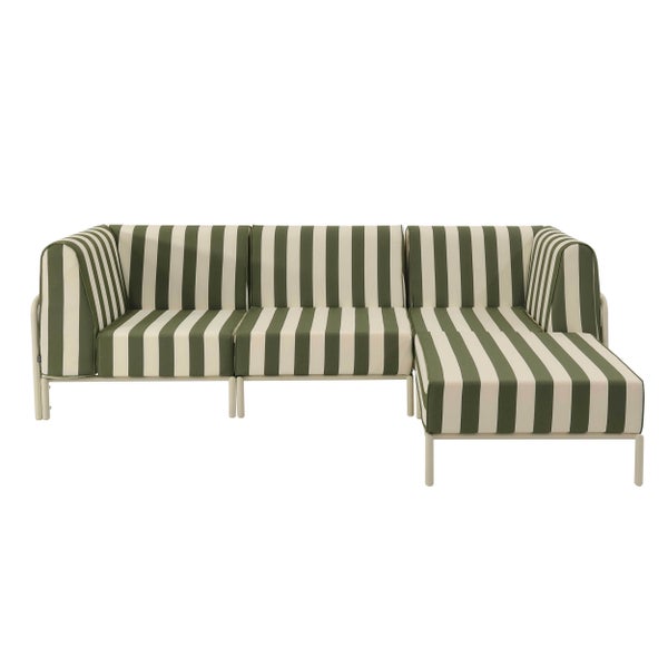 Gestreiftes Lounge-Ecksofa in Grün und Weiß mit Metallgestell für den Außenbereich.