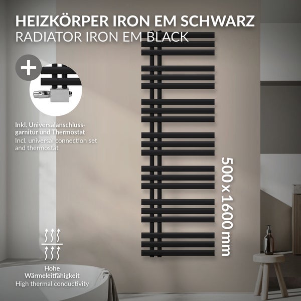 Schwarzer Heizkörper Iron EM, 500 x 1600 mm, inklusive Universalanschlussgarnitur und Thermostat