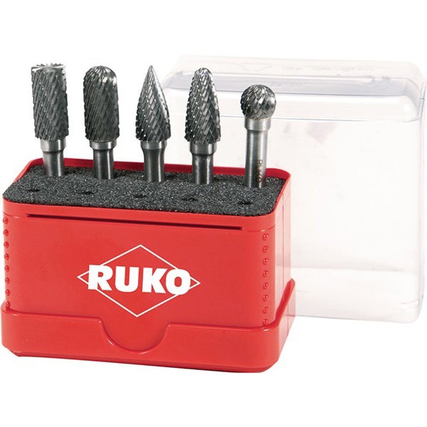 RUKO Hartmetall-Frässtift-Set 5-teilig mit verschiedenen Kopfformen in einer roten Kunststoffbox mit durchsichtigem Deckel.