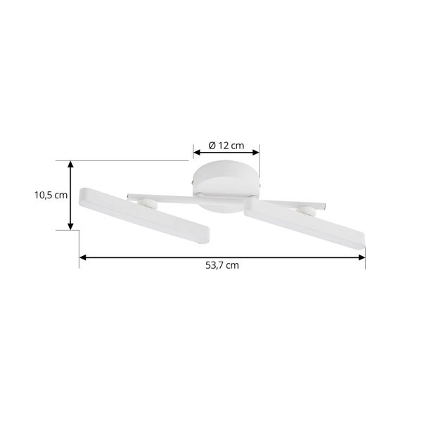 Weiße Deckenleuchte mit zwei schwenkbaren Armen, Breite 53,7 Zentimeter, Höhe 10,5 Zentimeter, Durchmesser Baldachin 12 Zentimeter.
