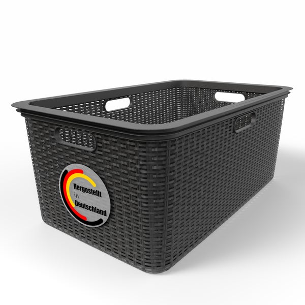 Aufbewahrungskorb aus Kunststoff mit Flechtmuster und Hergestellt in Deutschland Kennzeichen