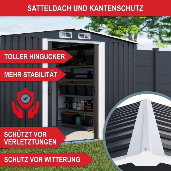 Stabiles Metallgerätehaus mit Satteldach und Kantenschutz, inklusive Regalsystem zur wettergeschützten und ordentlichen Aufbewahrung von Werkzeugen.