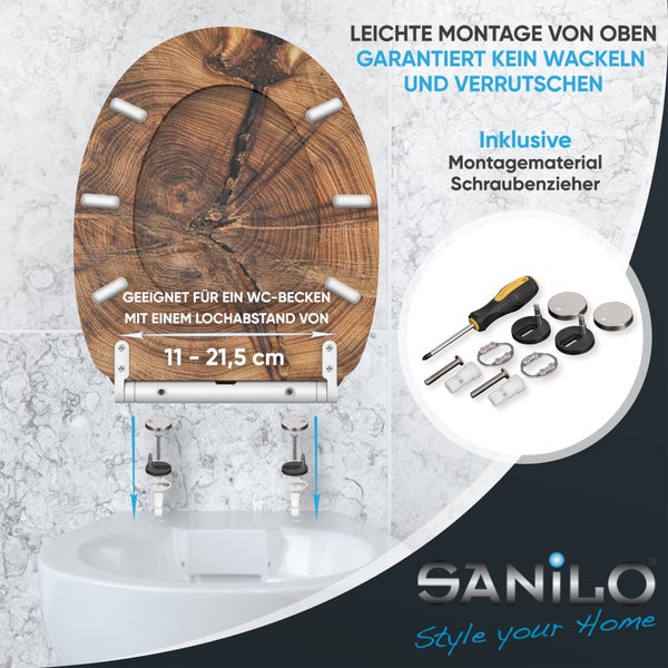 Sanilo WC-Sitz mit Holzoptik und Montagesatz zur Befestigung von oben, geeignet für WC-Becken mit einem Lochabstand von 11 bis 21,5 Zentimeter.