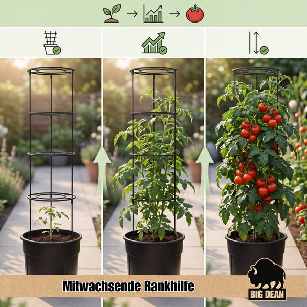 Mitwachsende Rankhilfe von Big Dean für Tomaten in einem Pflanzkübel zeigt das Pflanzenwachstum in drei Stadien.