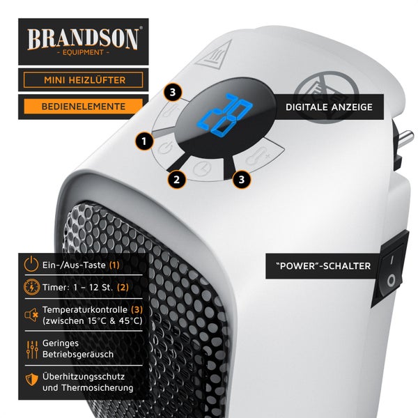 Brandson Steckdosen Heizlüfter 400W, Mini Keramik Heizung, Digitalanzeige, energiesparend, Thermostat, Überhitzungsschutz, Automatische Abschaltung