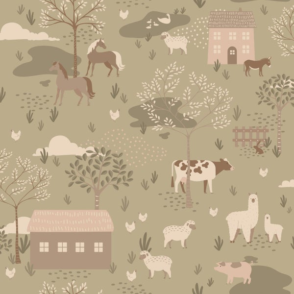 Illustratives Muster mit Tieren und Häusern auf dem Land