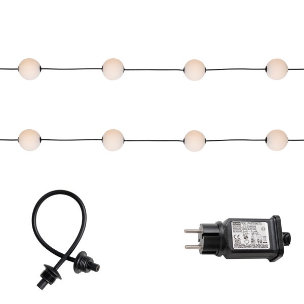LED-Lichterkette mit runden Kugeln inklusive Verbindungskabel und Netzadapter.