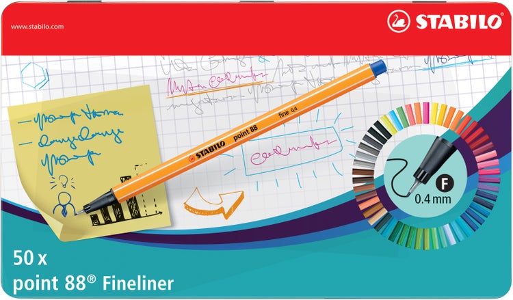 STABILO Fineliner point 88 Metalletui, 50er Set mit 47 verschiedenen Farben - 2x blau, rot, schwarz