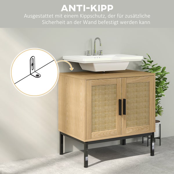 Badunterschrank in Holzoptik mit Rattan-Türen, weißem Waschbecken und Kippschutz für die Wandmontage.