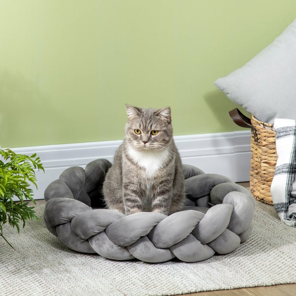 PawHut Hundebett, 55L x 55B x 14H cm, PP Baumwolle, Samt, Baumwollseil, Grau