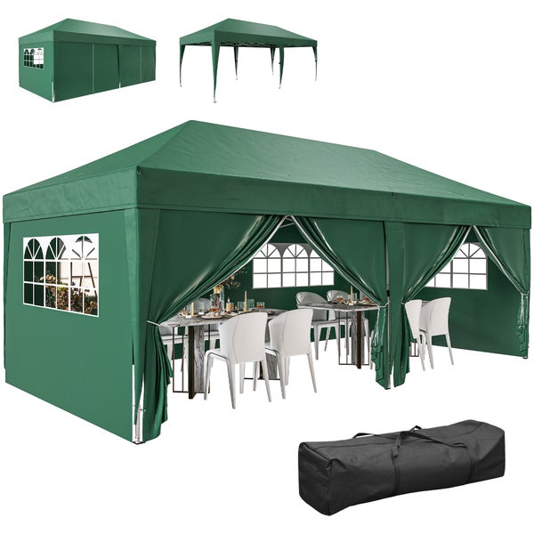 Grüner Faltpavillon mit Seitenwänden, Fenstern und Gartenmöbeln, inklusive Tragetasche, in verschiedenen Aufbauvarianten.