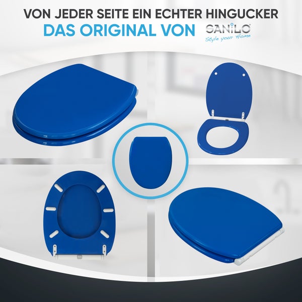 Sanilo Toilettensitz in verschiedenen Ansichten: geschlossen, geöffnet und von der Unterseite. Sanilo Logo.