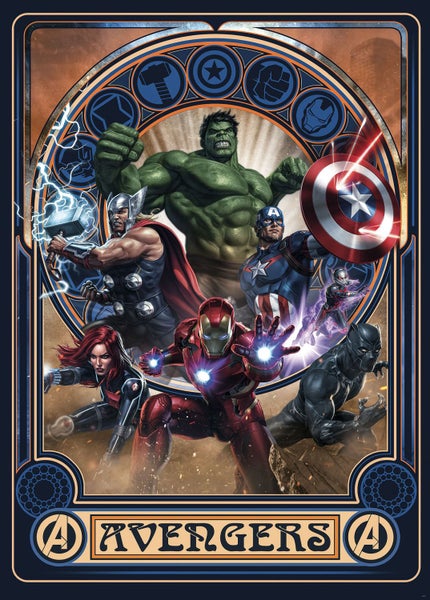 Avengers-Poster mit den Charakteren Hulk, Thor, Captain America, Iron Man, Black Widow, Ant-Man und Black Panther