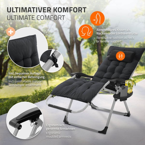 Entspannungsliege mit Auflage, abnehmbarem Kissen und ergonomisch geformten Armlehnen