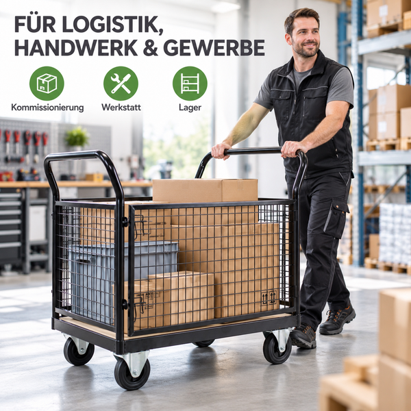 Ein Mitarbeiter in Arbeitskleidung schiebt einen Gitterwagen mit Kartons in einem Lagerhaus. Geeignet für Logistik, Werkstatt und Lager.