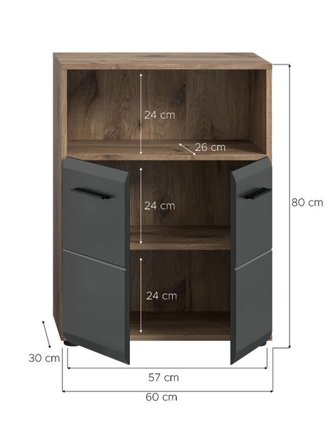 Kleiner Schrank in Holzoptik mit einem offenen Fach und zwei grauen Türen, Maße 60 mal 80 mal 30 Zentimeter mit Maßangaben der Fächer.