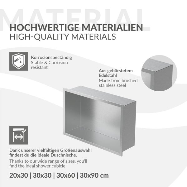Duschnische aus gebürstetem Edelstahl, korrosionsbeständig, in verschiedenen Größen von 20 mal 30 bis 30 mal 90 Zentimetern.