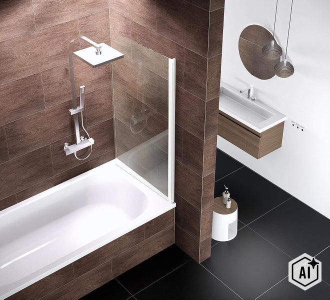 Modernes Badezimmer mit Badewanne, Duschwand aus Glas und Armatur mit Regendusche sowie Waschbecken mit Unterschrank in Holzoptik.