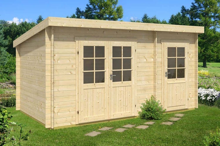 Alpholz Pultdach Gartenhaus Maria mit Anbau Gartenhaus aus Holz in Pinie, Holzhaus mit 28 mm Wandstärke, Blockbohlenhaus mit Montagematerial, Holzhaus mit Boden, Dacheindeckung und Montage imprägniert 4,5x2,5m