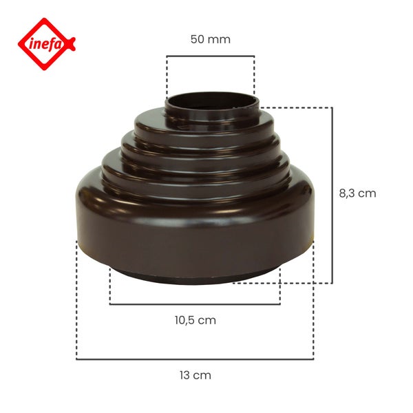 Inefa Reduzierstück aus Kunststoff für Fallrohre mit Maßen 50 Millimeter, 8,3 Zentimeter, 10,5 Zentimeter und 13 Zentimeter. Inefa Logo.