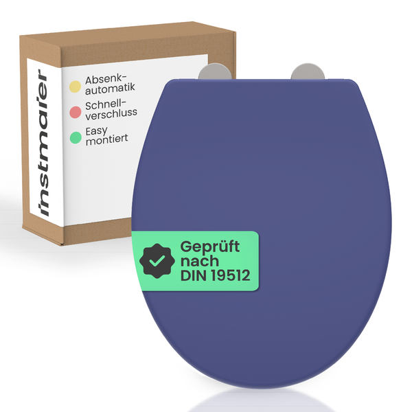 Instmar WC-Sitz in Dunkelblau mit Absenkautomatik und Schnellverschluss, geprüft nach DIN 19512.