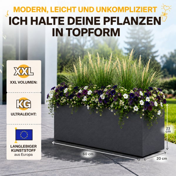 Rechteckiger Pflanzkasten aus Kunststoff mit Blumen bepflanzt, Maße 60 mal 20 mal 23 Zentimeter, leicht, großes Volumen, hergestellt in Europa.