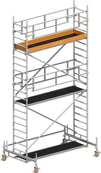 Rollgerüst aus Aluminium mit mehreren Plattformen und Layher Logo