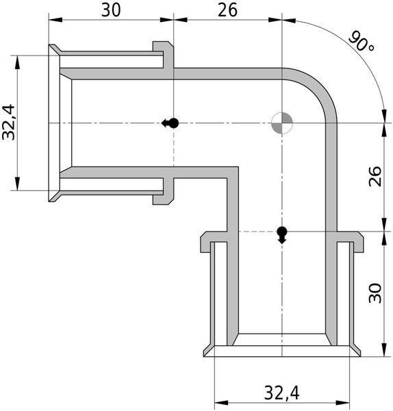 Technische Zeichnung eines 90 Grad Bogens für Rohre mit Maßangaben in Millimetern.