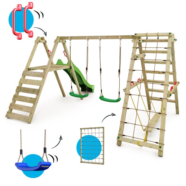 WICKEY Kinderschaukel Schaukelgestell Smart Shake mit Rutsche und Kletteranbau, Schaukel, Schaukelgerüst, Doppelschaukel, Holzschaukel - grün