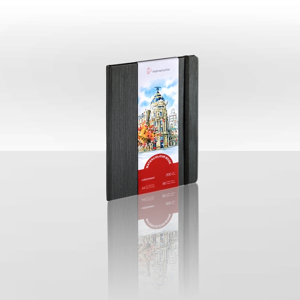 Hahnemühle Aquarellbuch A4, 200 Gramm pro Quadratmeter, 60 Seiten, kaltgepresst, schwarzes Hardcover mit Gummiband.