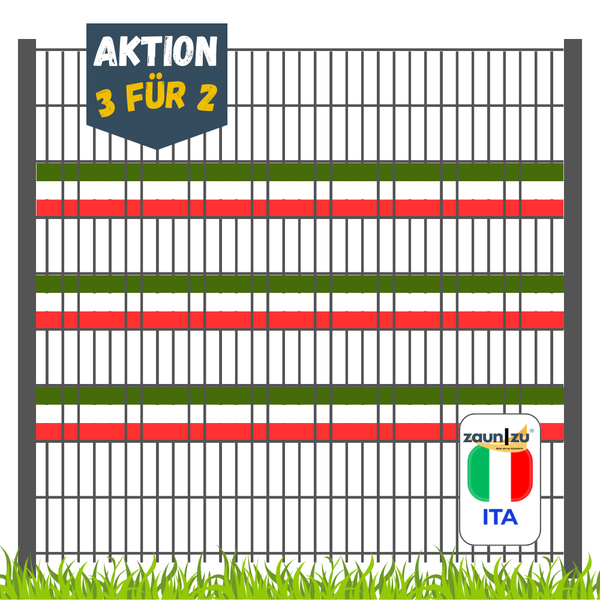 Zaun mit dem Hinweis 'Aktion 3 für 2' und Zaunzu Herkunftslogo Italien