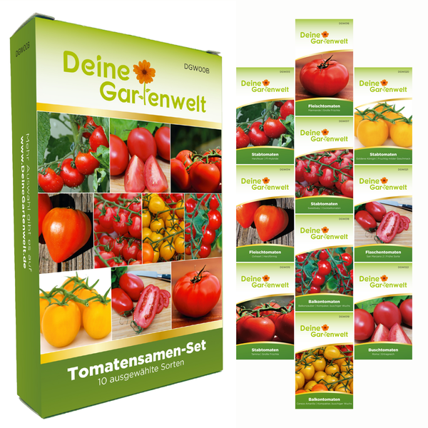 Tomatensamen-Set von Deine Gartenwelt mit 10 Sorten wie Fleischtomaten, Stabtomaten und Balkontomaten.
