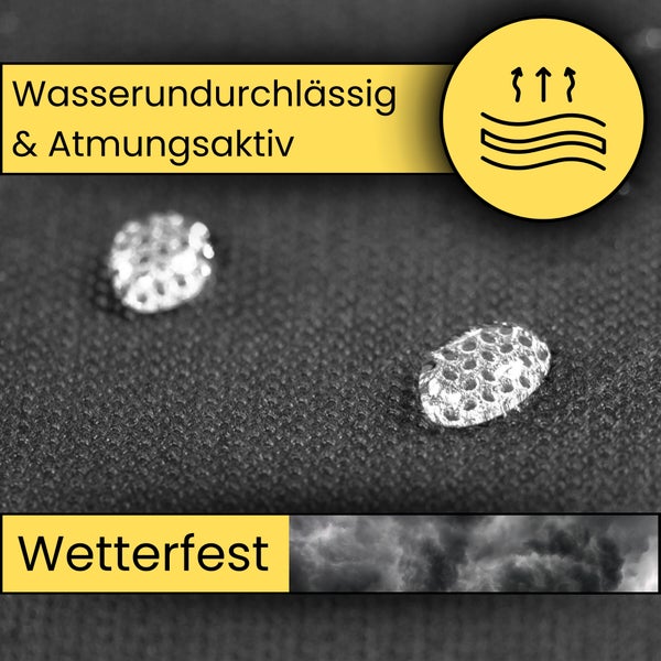 Wasserundurchlässiges, atmungsaktives und wetterfestes Material mit Wassertropfen auf der Oberfläche.
