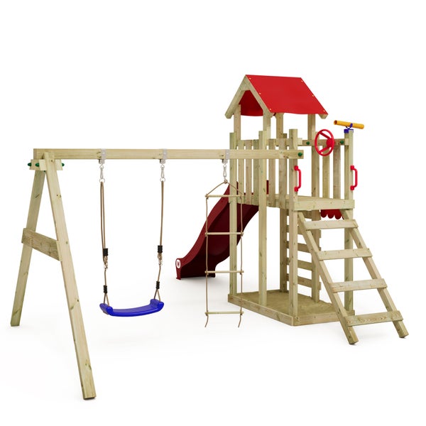 WICKEY Spielturm Klettergerüst MultiFlyer Light mit Schaukel und Rutsche, Kletterturm mit Sandkasten, Leiter und Spiel-Zubehör – rot