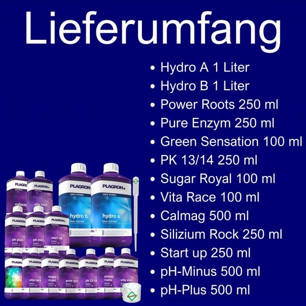 Plagron Düngeset mit Hydro A, Hydro B, Power Roots, Pure Enzym, Green Sensation, PK 13/14, Sugar Royal, Vita Race, Calmag, Silizium Rock, Start up, pH-Minus und pH-Plus