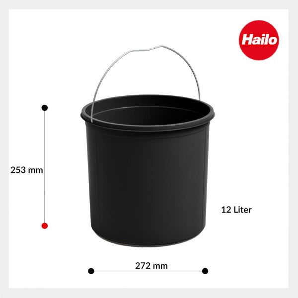 Hailo Inneneimer aus schwarzem Kunststoff mit Metallbügel, 12 Liter, Höhe 253 Millimeter, Breite 272 Millimeter. Hailo Logo.