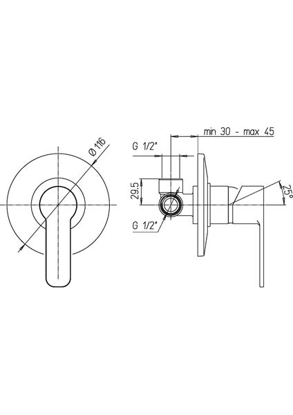 Technische Zeichnung einer Armatur mit Maßangaben