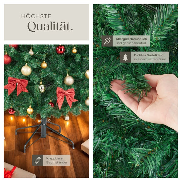 Details und Produktmerkmale eines künstlichen Weihnachtsbaums mit klappbarem Metallständer und dichtem, allergikerfreundlichem Nadelkleid.