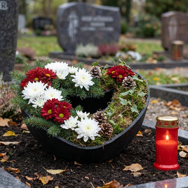 Herzfoermige Grabschale aus Kunststoff bepflanzt mit Tannengruen, Chrysanthemen und Zapfen neben einer roten Grabkerze auf einem Friedhof.