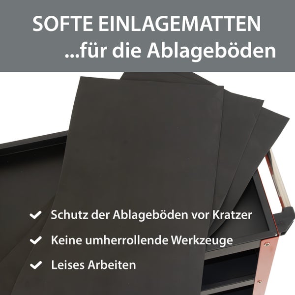 Softe Einlagematten für Werkstattwagen Ablageböden als Schutz vor Kratzern und zum rutschfesten Ablegen von Werkzeugen.