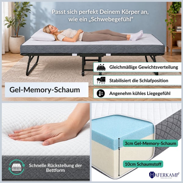 Klappbett mit Gel Memory Schaum Matratze, 13 Zentimeter Gesamthöhe, Haferkamp Logo, sorgt für gleichmäßige Gewichtsverteilung und Schlafkomfort.