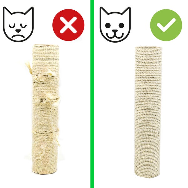 Vergleich eines abgenutzten Kratzbaums mit zerfleddertem Sisalseil und eines neuen Kratzstamms mit intaktem Sisalseil.
